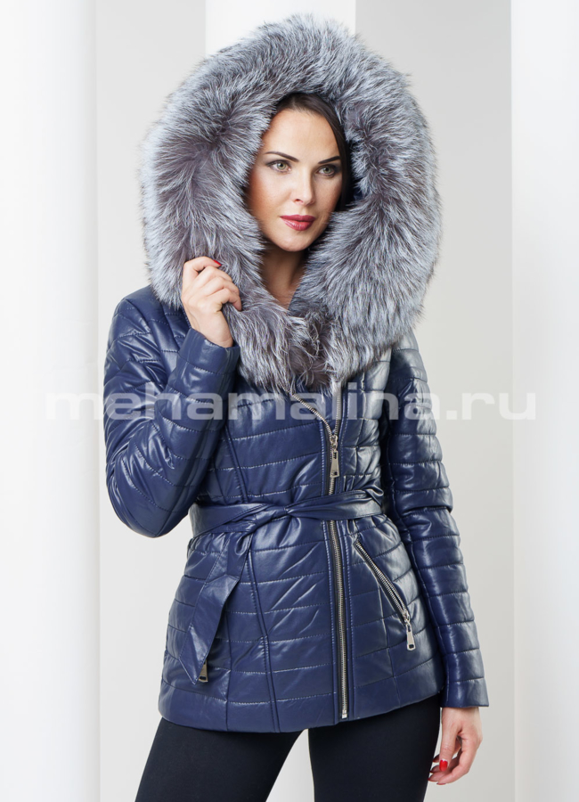 Укороченный пуховик из экокожи модель № П-44 в кредит