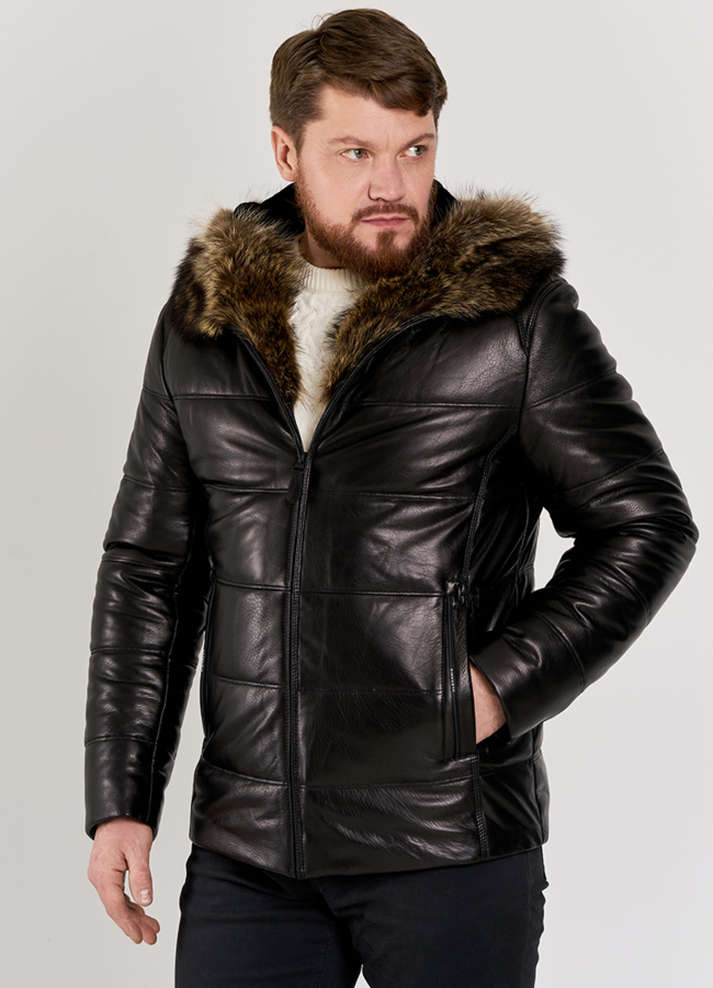 Мужской пуховик из натуральной кожи с мехом модель № П-503 меха малина
