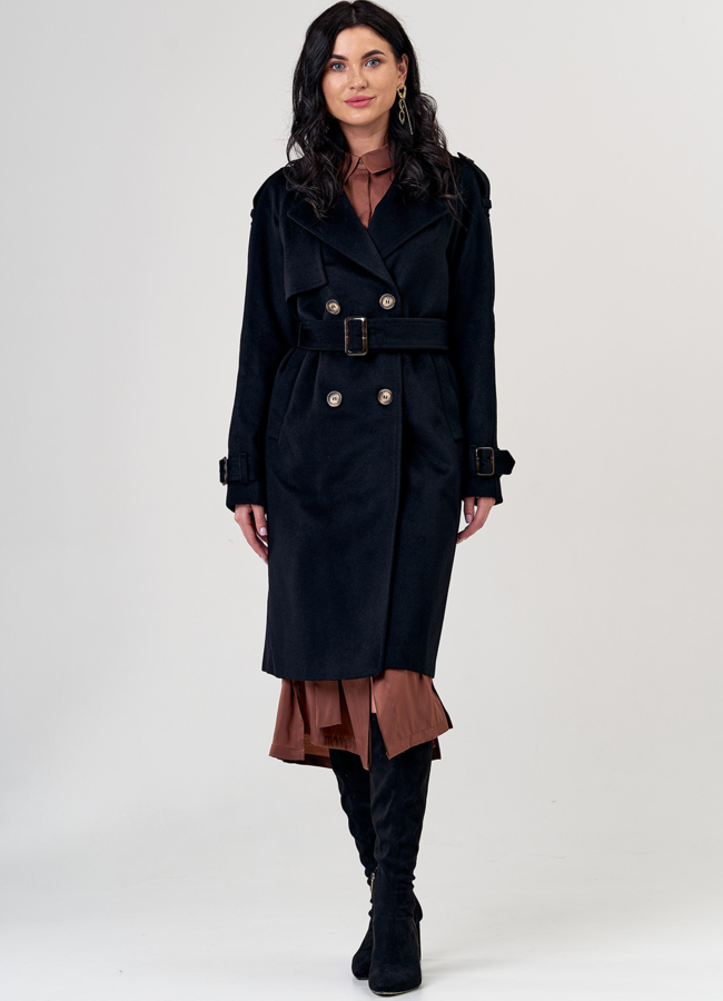 фото Женское пальто черного цвета с поясом модель № 21346