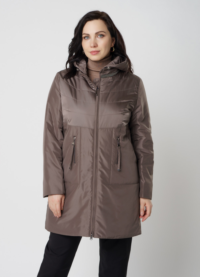 Полупальто женское серого цвета модель № 20680 меха малина