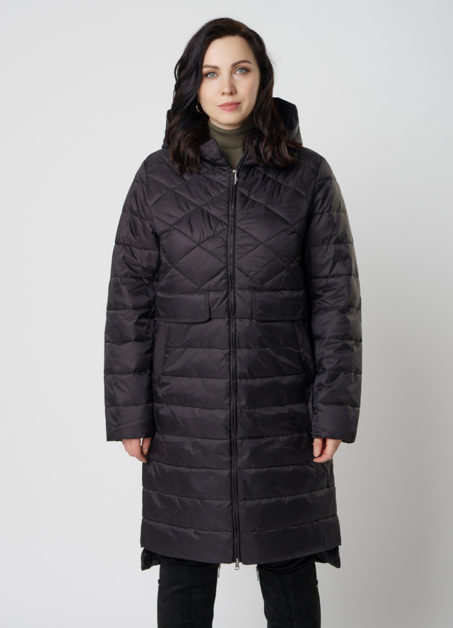 Женское демисезонное пальто черного цвета модель № 20598 меха малина