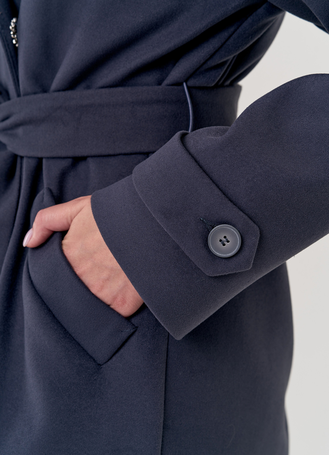 Женское пальто в сером цвете с поясом модель № 21374 универмаг малина