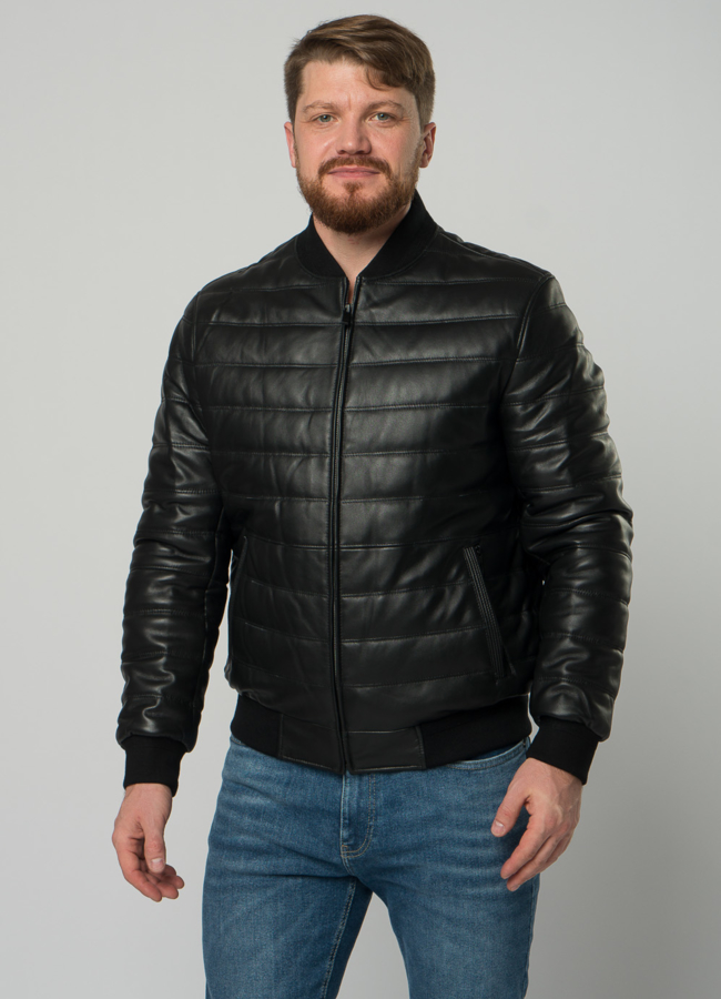 Мужская утепленная куртка-бомбер из натуральной кожи  модель № 18500 меха малина