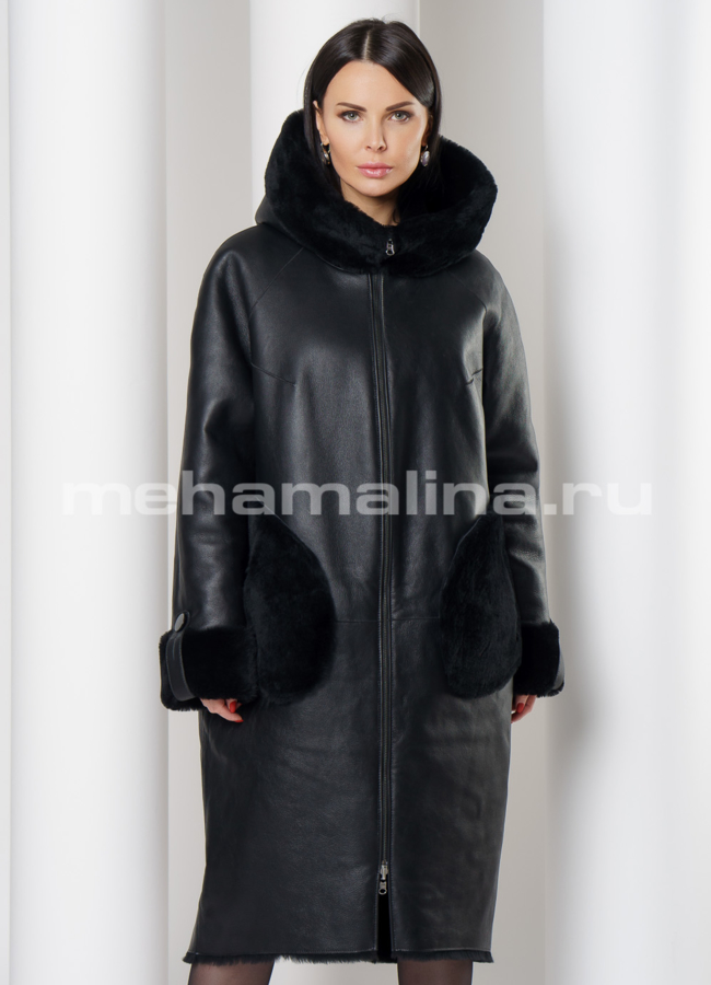 Дубленка из овчины на молнии с капюшоном модель № 3486 меха малина