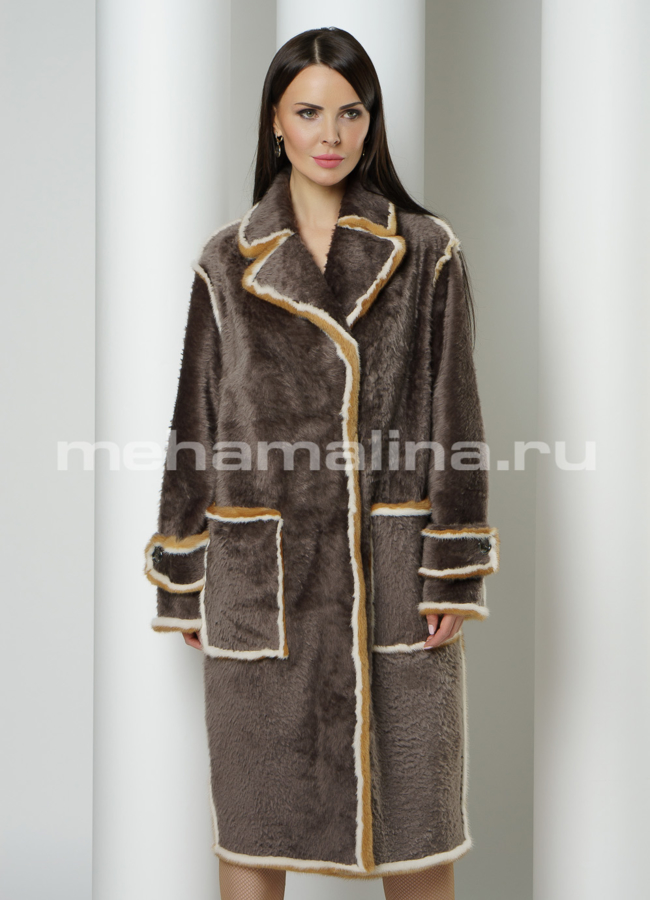 Дубленка с английским воротником с отделкой из норки модель № 3433 меха малина