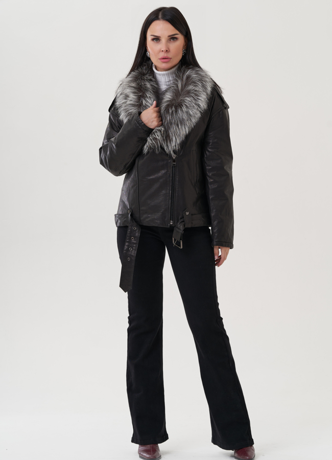 фото Женская куртка из натуральной кожи с отделкой из чернобурки модель № 25374