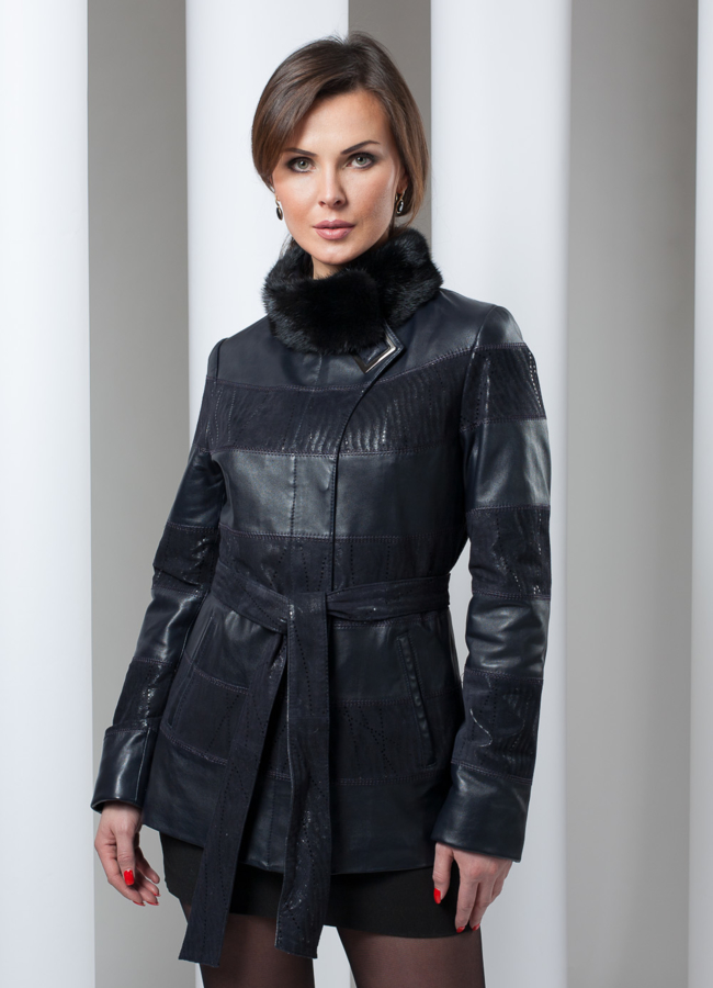 Куртка из комбинированной кожи/замши модель № K-139 меха малина