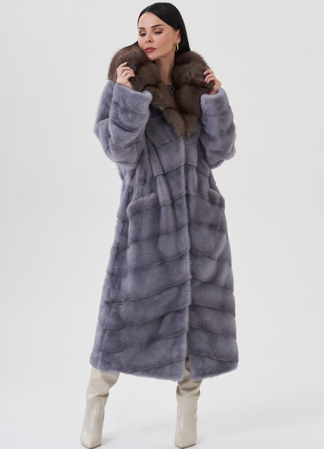 Шуба из норки с капюшоном из куницы  модель № 24671 универмаг малина