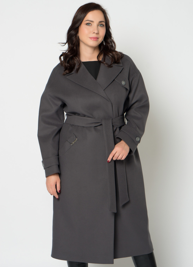 Женское пальто в сером цвете с поясом модель № 21374 в рассрочку