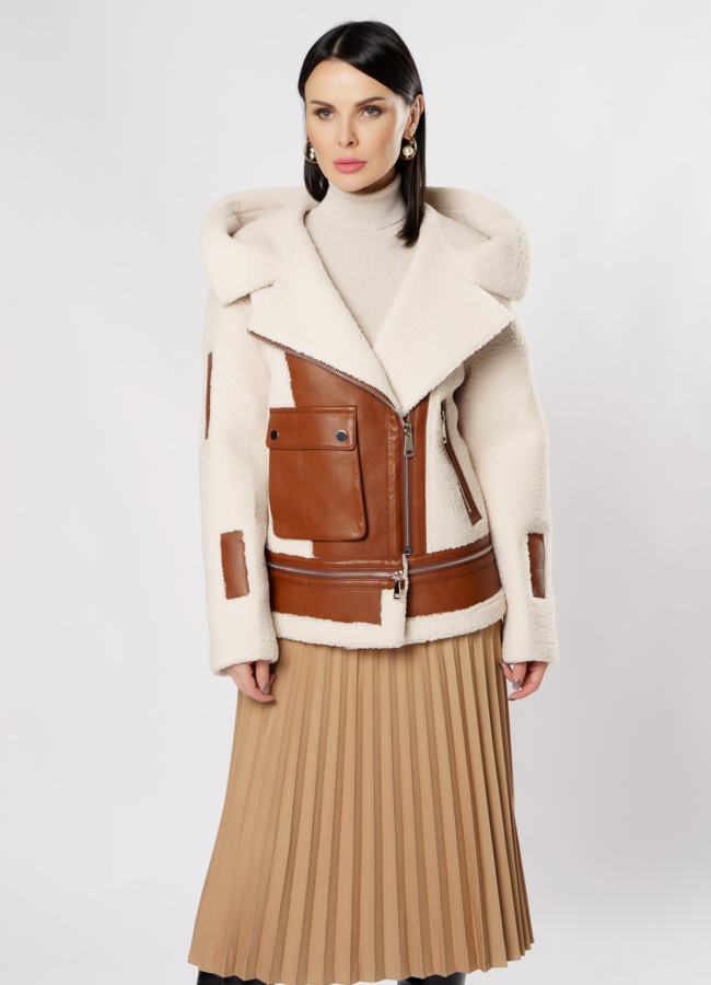 Укороченная дубленка из эко кожи  модель № 2070-1 меха малина