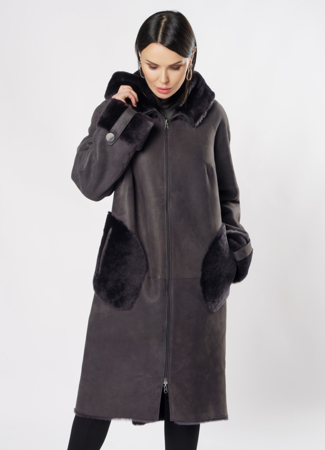 Двусторонняя дубленка с капюшоном на молнии модель № 3486 универмаг малина