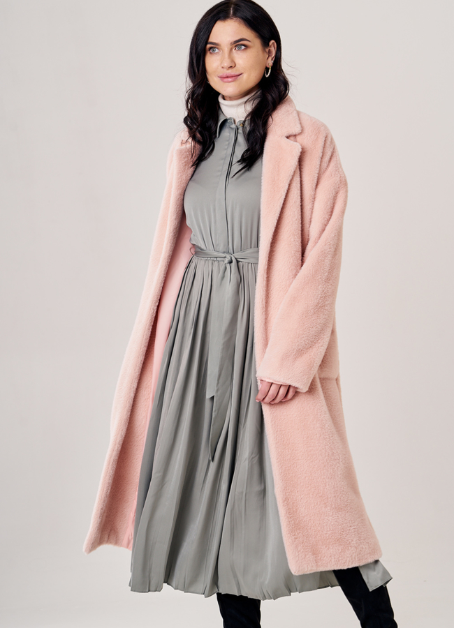 Пальто женское розового цвета с поясом модель № T4F W9822 универмаг малина