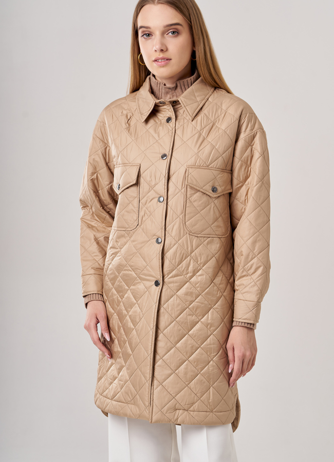 Полупальто-рубашка бежевого цвета модель № 38 меха малина