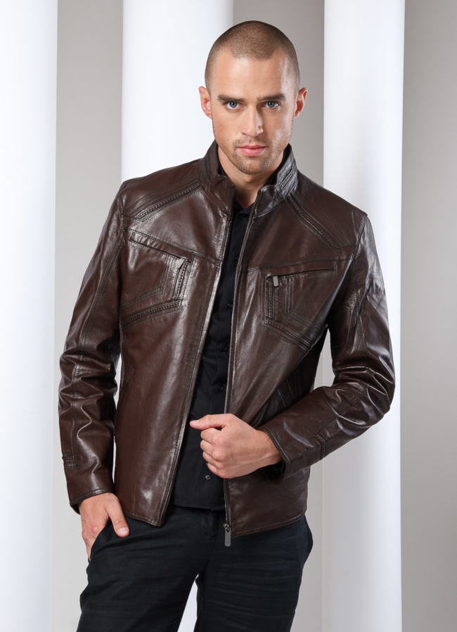 фото Кожаная куртка на молнии коричневая модель № KP-7