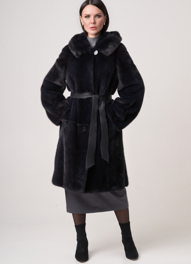 Шуба из норки с кожаным поясом модель № S-759 меха малина