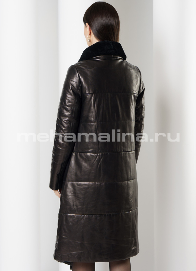 фото Пуховик из натуральной кожи на молнии с воротником, отделка овчина модель № 923