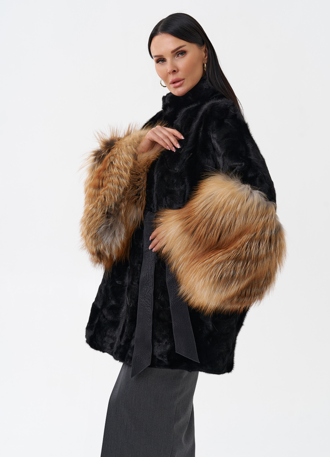 Норковая шуба с лисой модель № 29217 меха малина