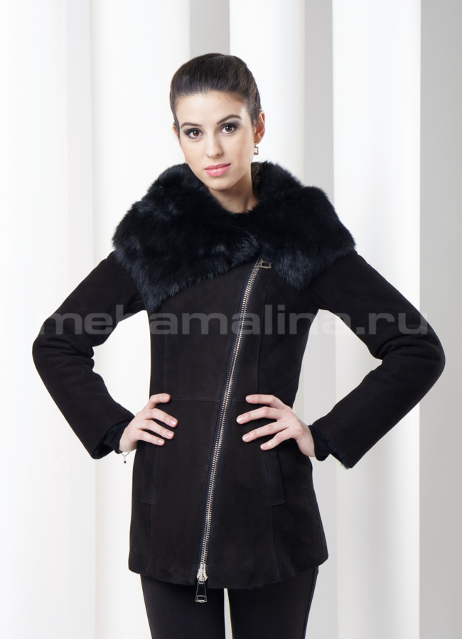 фото Дубленка с капюшоном укороченная модель № D-104