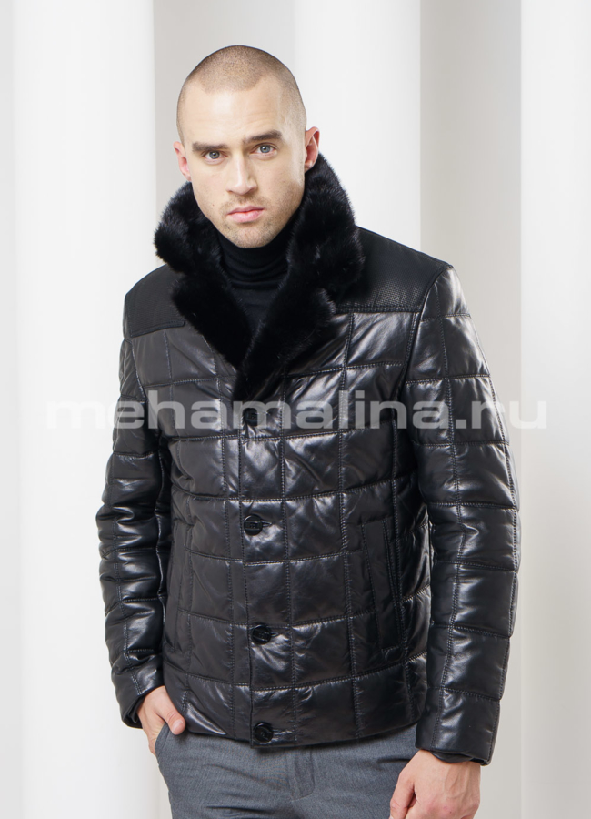 Кожаный пуховик с норкой модель № ПМ-53 меха малина
