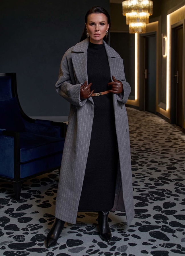 Длинное пальто в полоску модель № 28086 универмаг малина