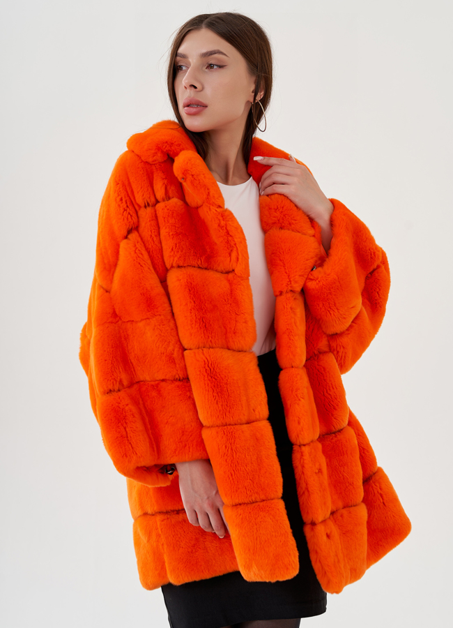 Укороченная шуба из меха кролика в оранжевом цвете модель № 81495 универмаг малина