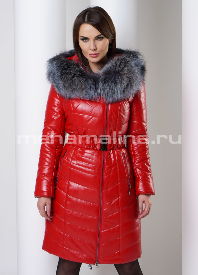 Кожаный пуховик эко модель № 85040 меха малина