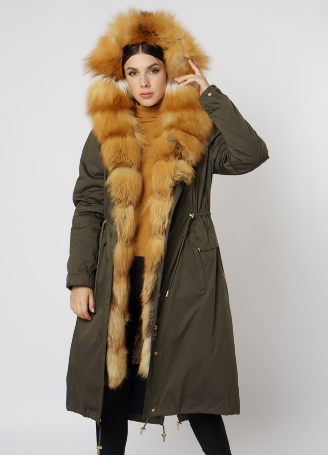Парка в цвете хаки, отделка лиса модель № 12262 меха малина
