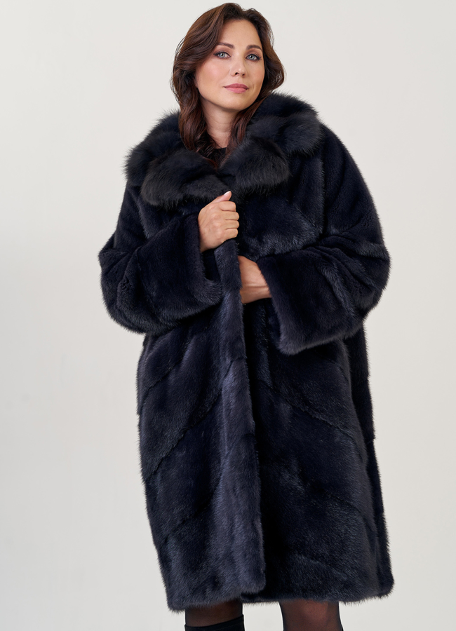 Удлиненная шуба из норки в цвете графит с отделкой из куницы модель № 23093 универмаг малина