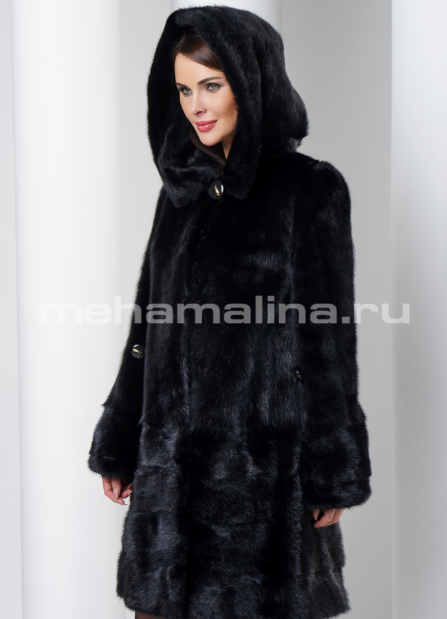 фото Норковая шуба черного цвета с капюшоном модель № S-544