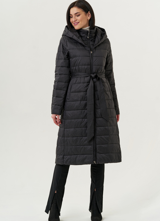 Женское удлиненное пальто с капюшоном и поясом модель № 22329 универмаг малина