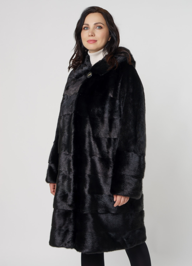 Норковая шуба поперечная с капюшоном модель № 8010 меха малина