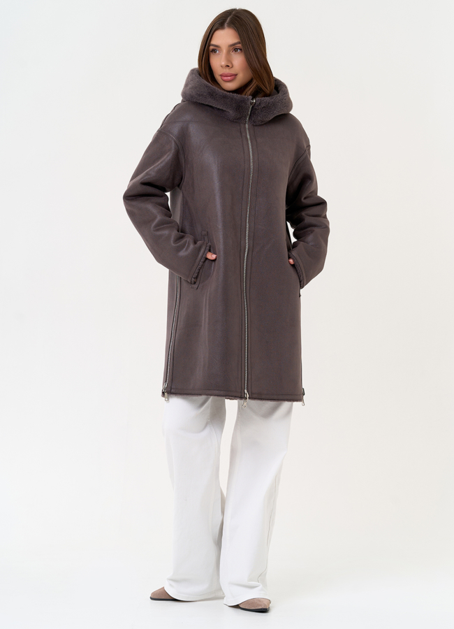 Женская двухсторонняя дубленка из эко замши с капюшоном модель № 31435 универмаг малина Женская двухсторонняя дубленка из эко замши с капюшоном модель № 31435 универмаг малина