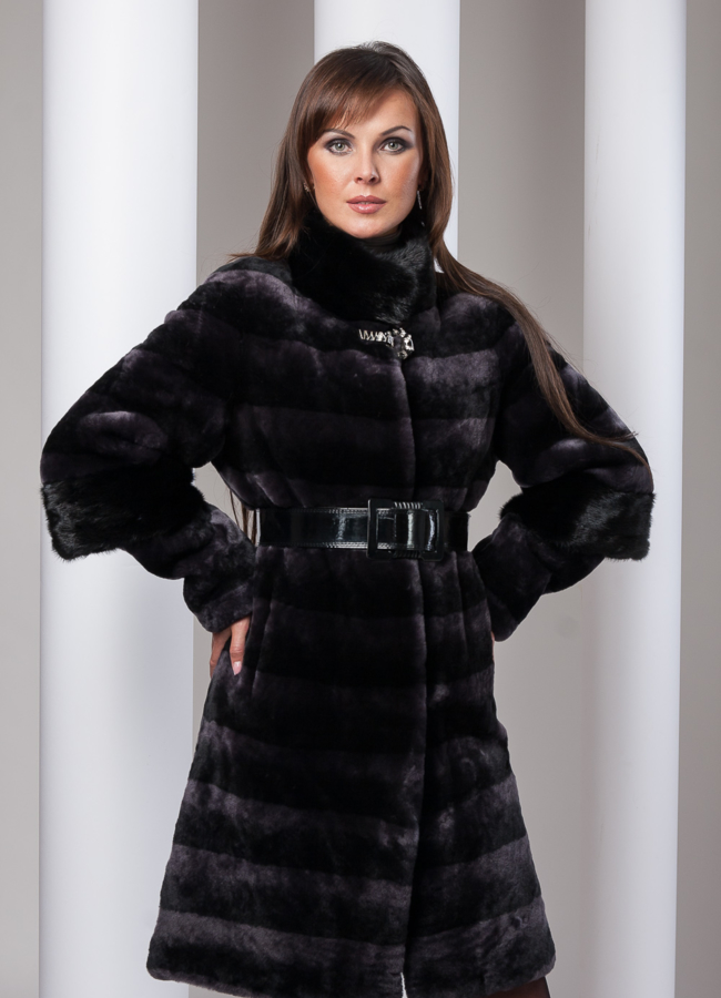 Шуба из мутона графит модель № S-59 меха малина