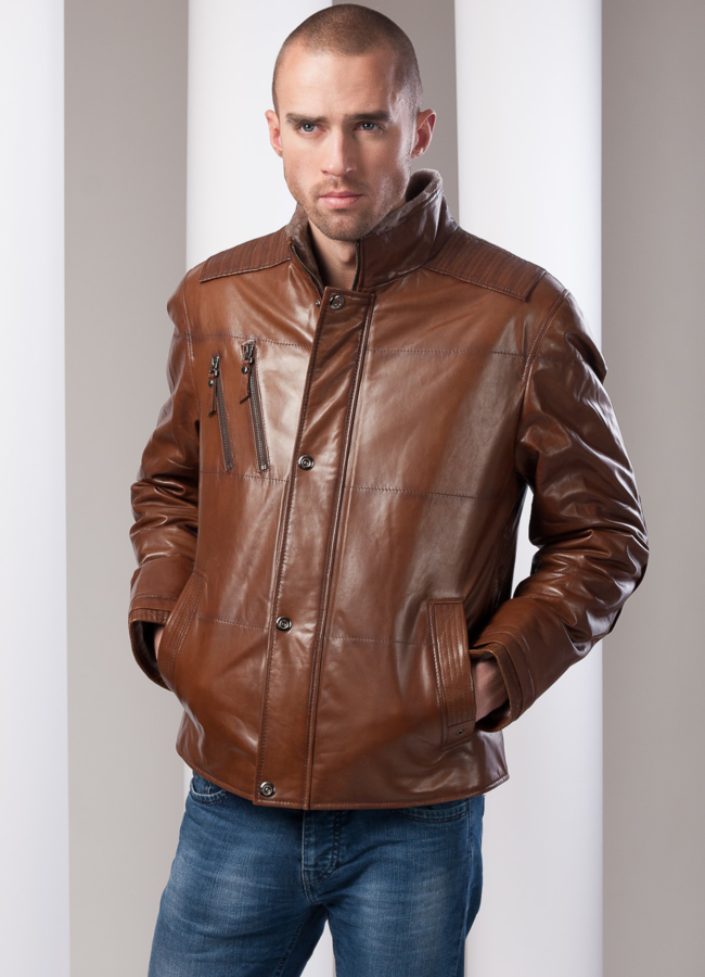 Кожаная дубленка  модель № DM-38 меха малина