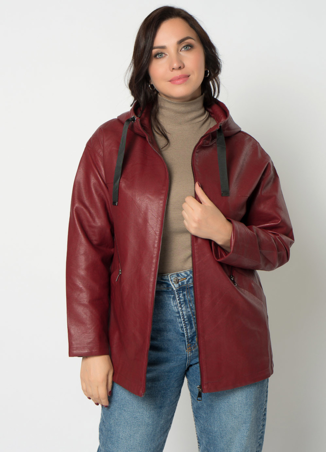Куртка из эко кожи в красном цвете с капюшоном модель № 21693 универмаг малина