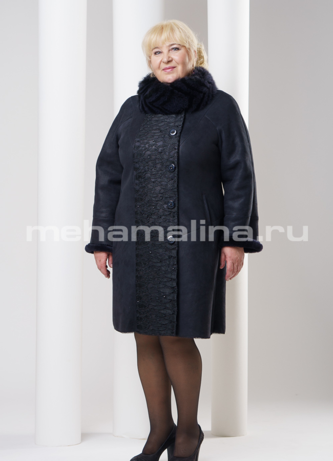 Дубленка женская, отделка кружево модель № D-134 меха малина