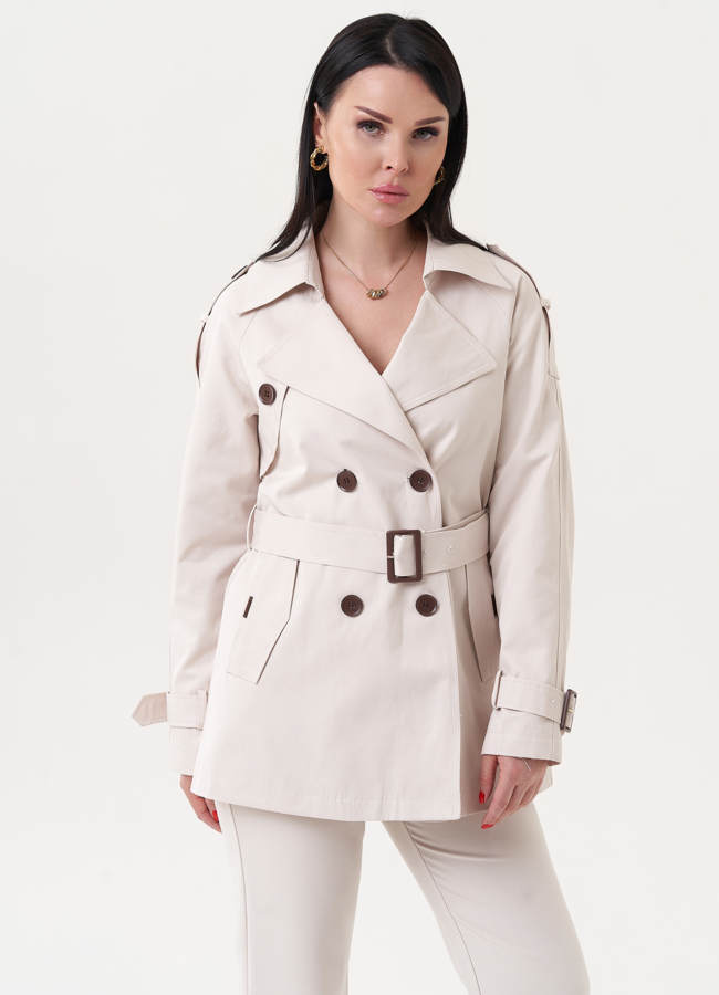 Жакет бежевого цвета с английским воротником модель № 27196 меха малина