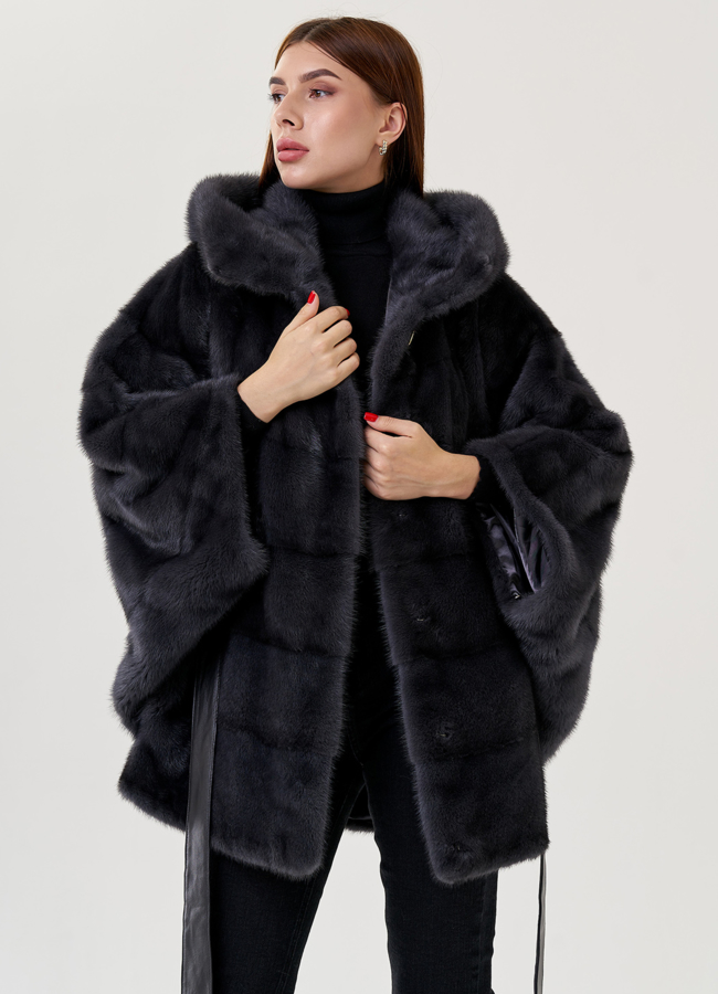 Шуба из норки в цвете графит с капюшоном  модель № 23359 универмаг малина