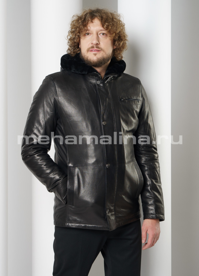 Пуховик из натуральной кожи с капюшоном модель № ПМ-110 универмаг малина