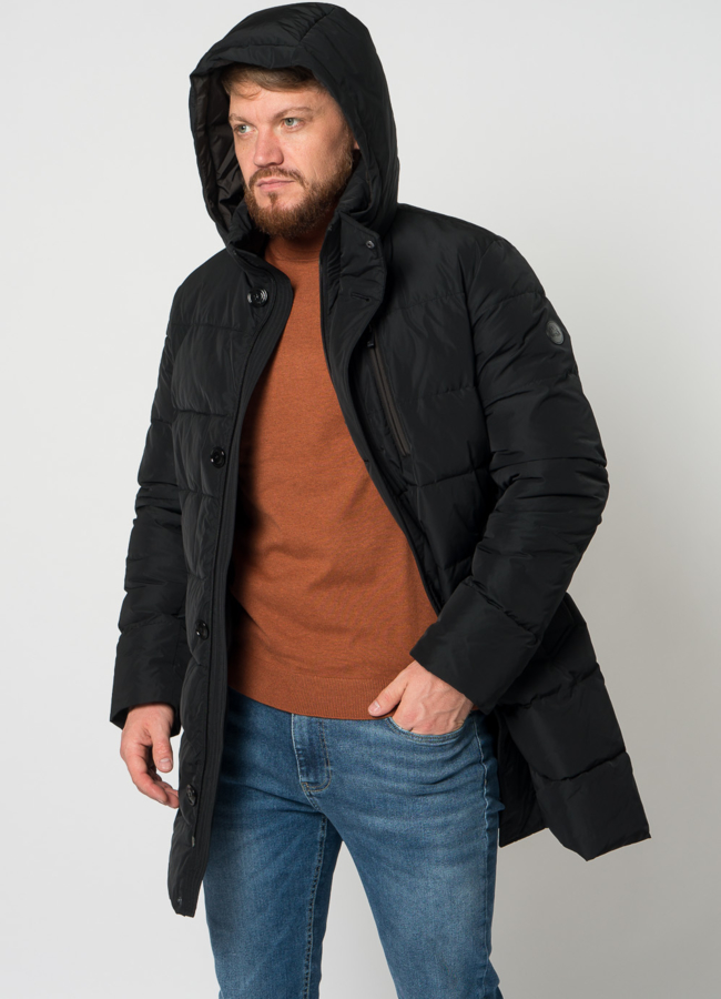 Пуховик мужской в черном цвете с капюшоном модель № 21567 универмаг малина