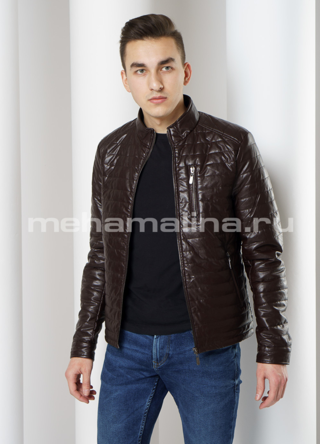Куртка из эко кожи на молнии со стойкой модель № 607 меха малина