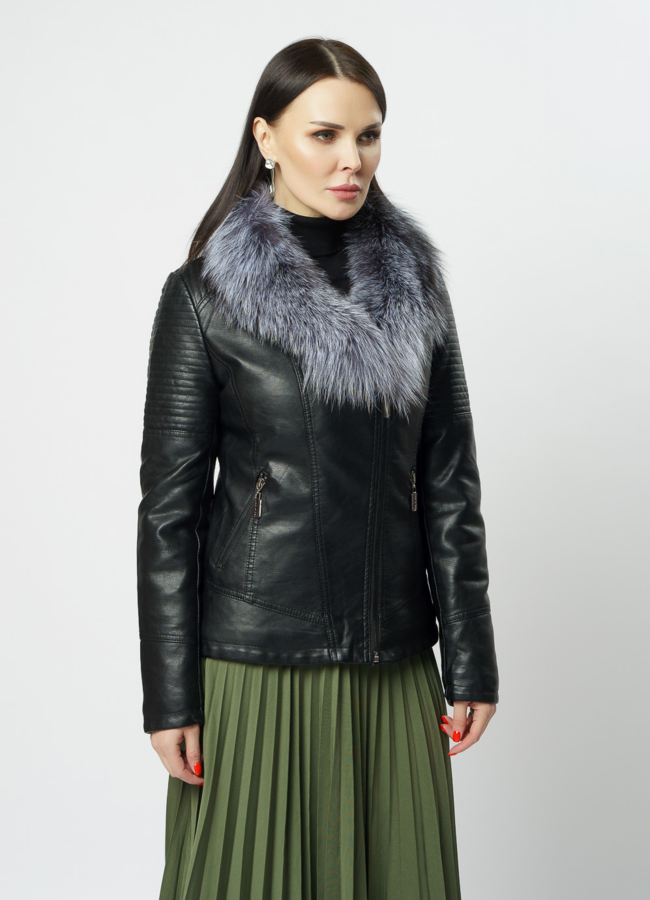 Куртка черная из эко кожи с отделкой чернобурка модель № 18238 универмаг малина