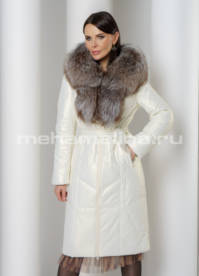 Белый пуховик из эко кожи приталенный с меховой отделкой модель № 6160 универмаг малина