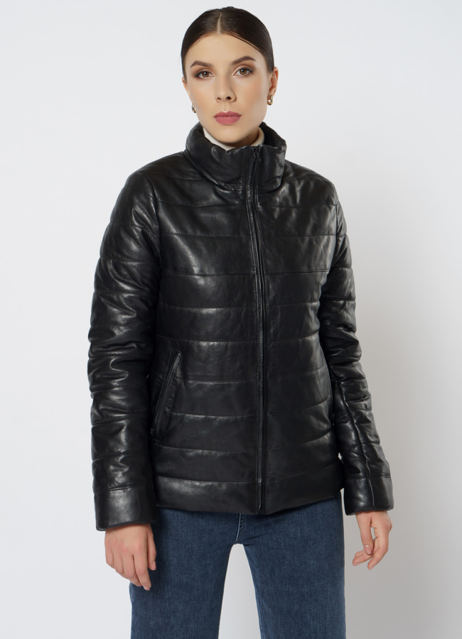 Утепленная кожаная куртка модель № 21605 меха малина