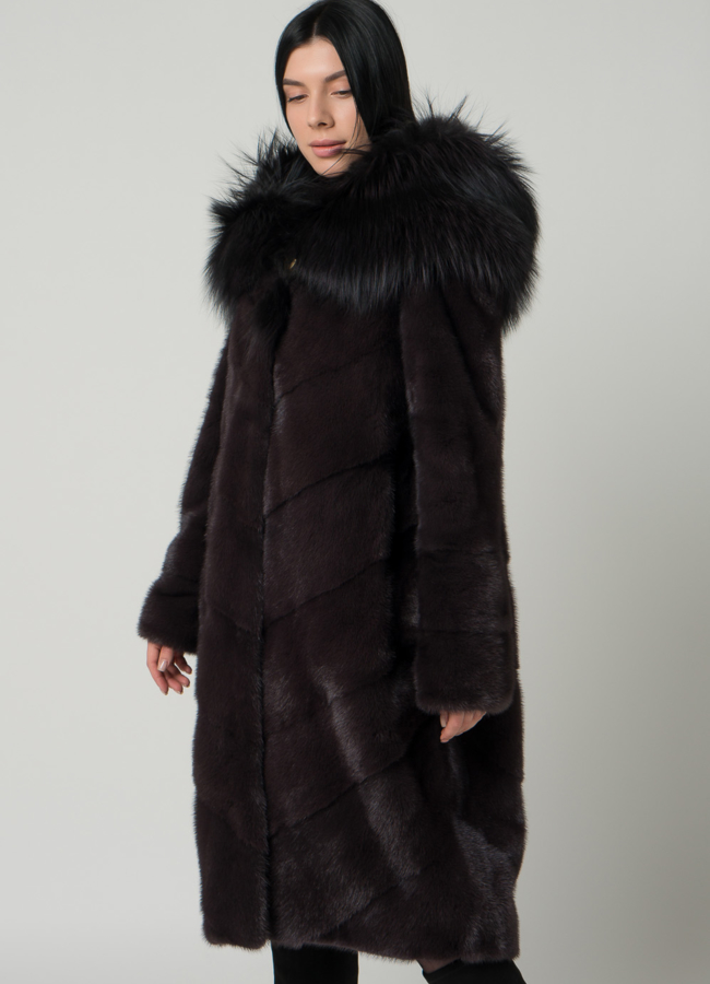 Длинная норковая шуба с капюшоном из чернобурки модель № 1603 универмаг малина