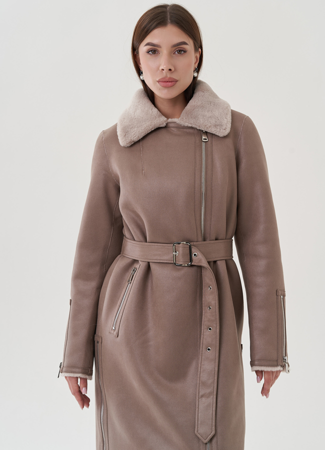 Удлиненная дубленка из эко замши в цвете мокко модель № 25411 в рассрочку