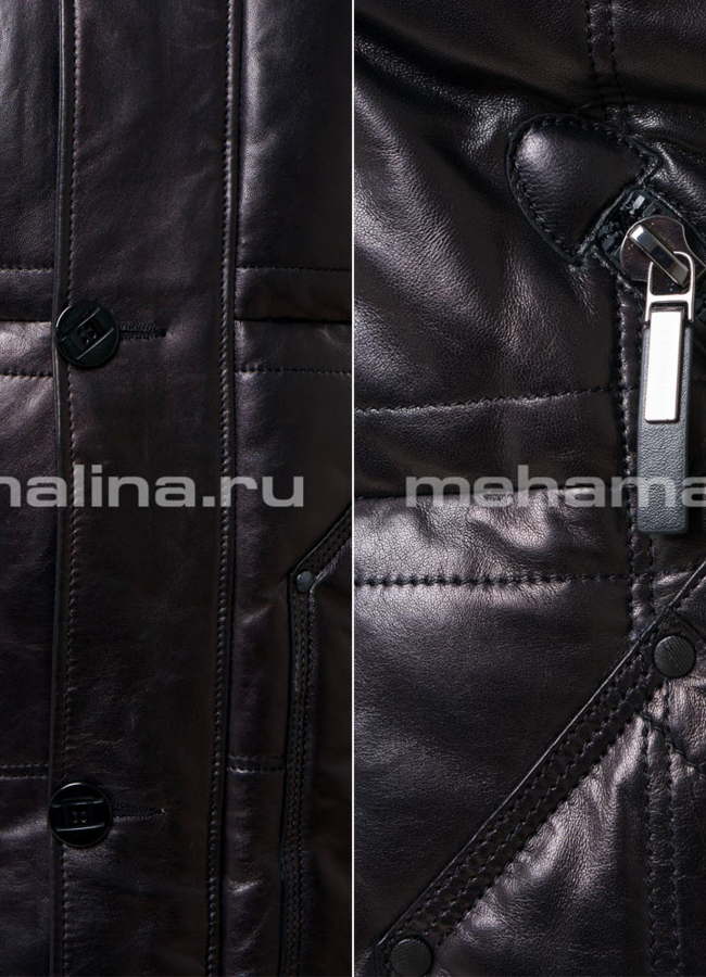 Кожаный пуховик удлиненный модель № ПМ-57 универмаг малина