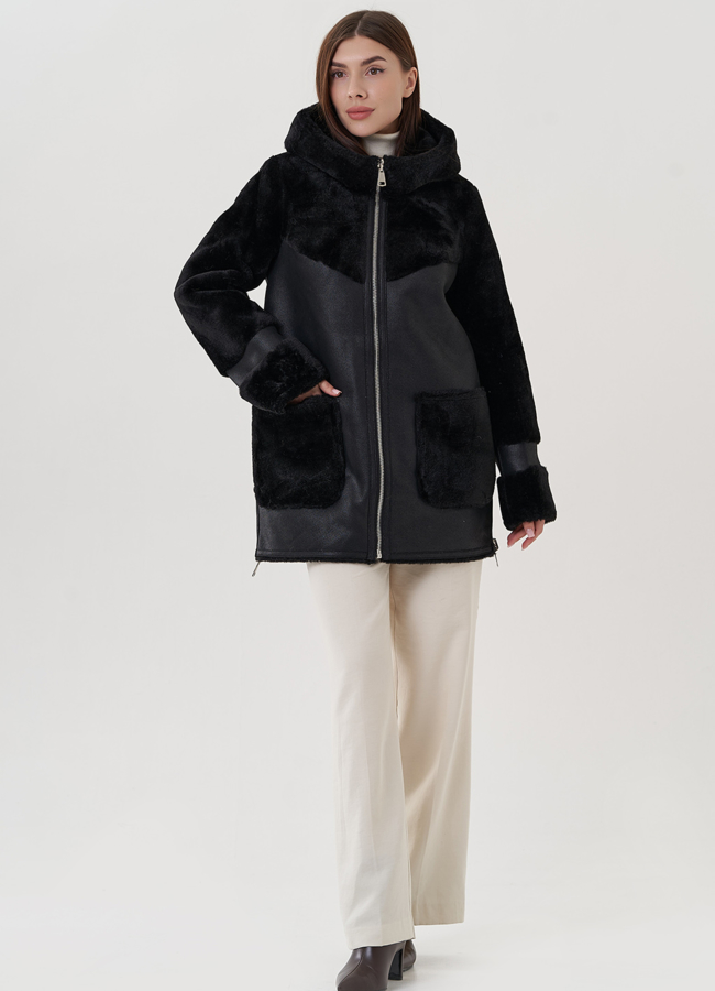 Двухсторонняя женская эко дубленка черного цвета модель № 25402 в рассрочку