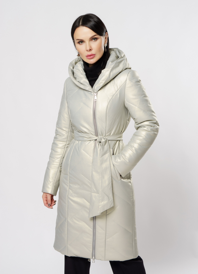 Удлиненный пуховик из эко кожи с чернобуркой модель № 19347 универмаг малина