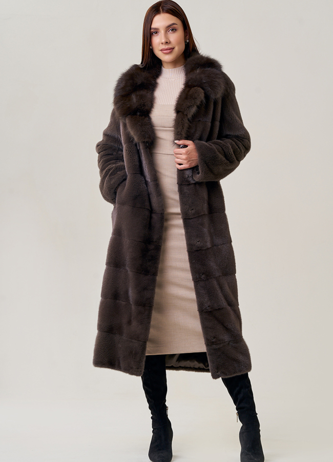 Длинная шуба из норки с куницей модель № 2202 универмаг малина